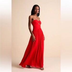 Lulus Rozala Bright Red Pleated Strapless Maxi Dress M